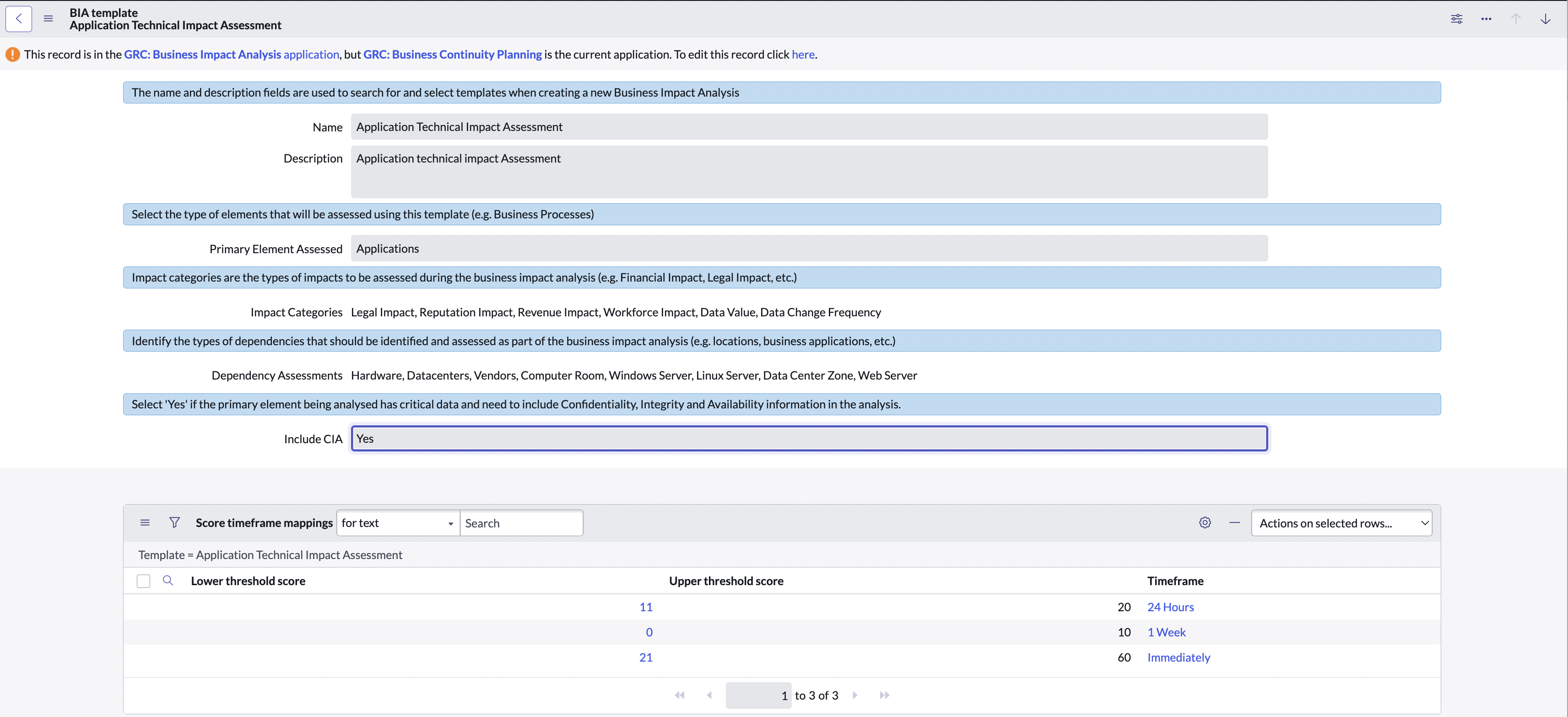 Configuration of a BIA template.