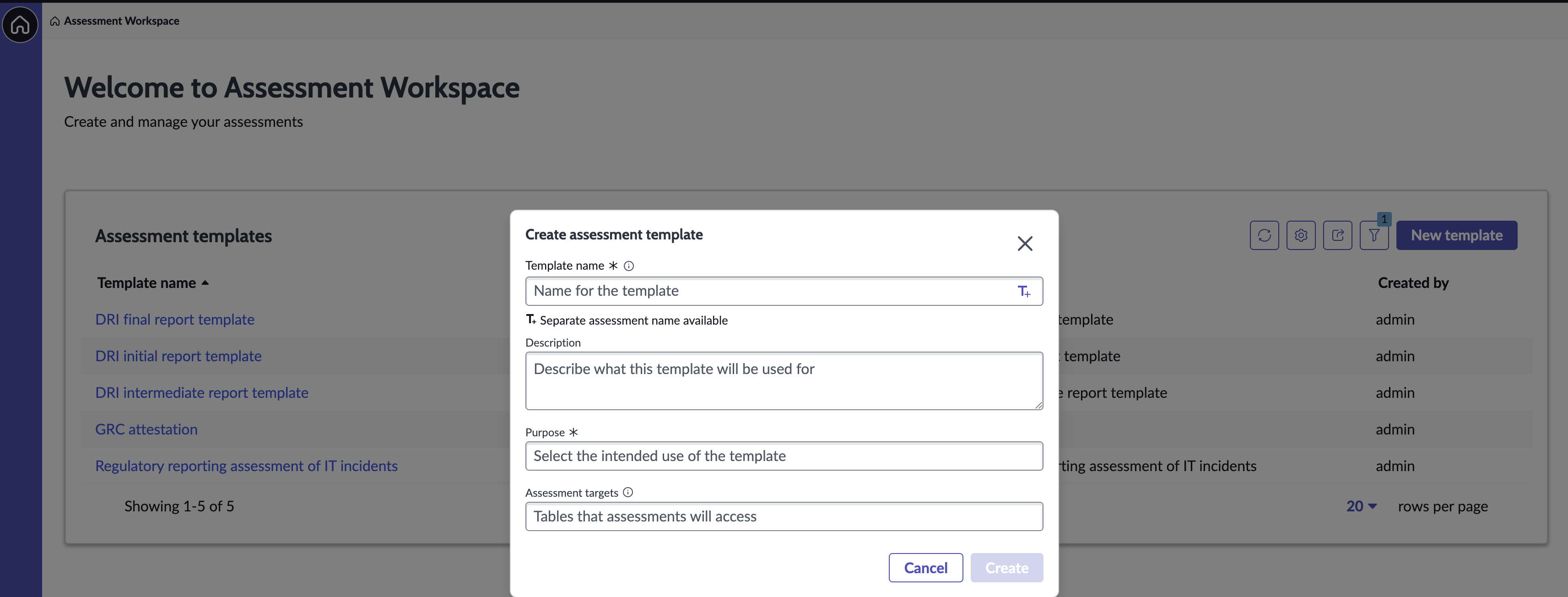Create assessment template form.