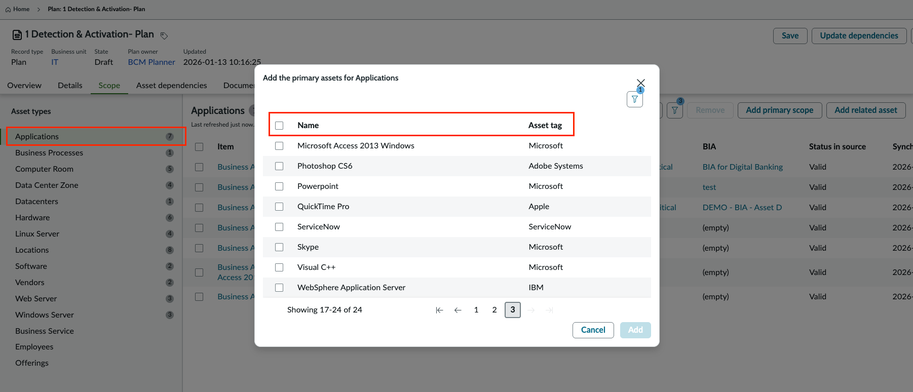 Assets shown when you select Add primary scope for the Applications asset types.