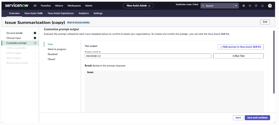 The Customize prompt output screen for issue summarization with a test output section and navigation buttons.