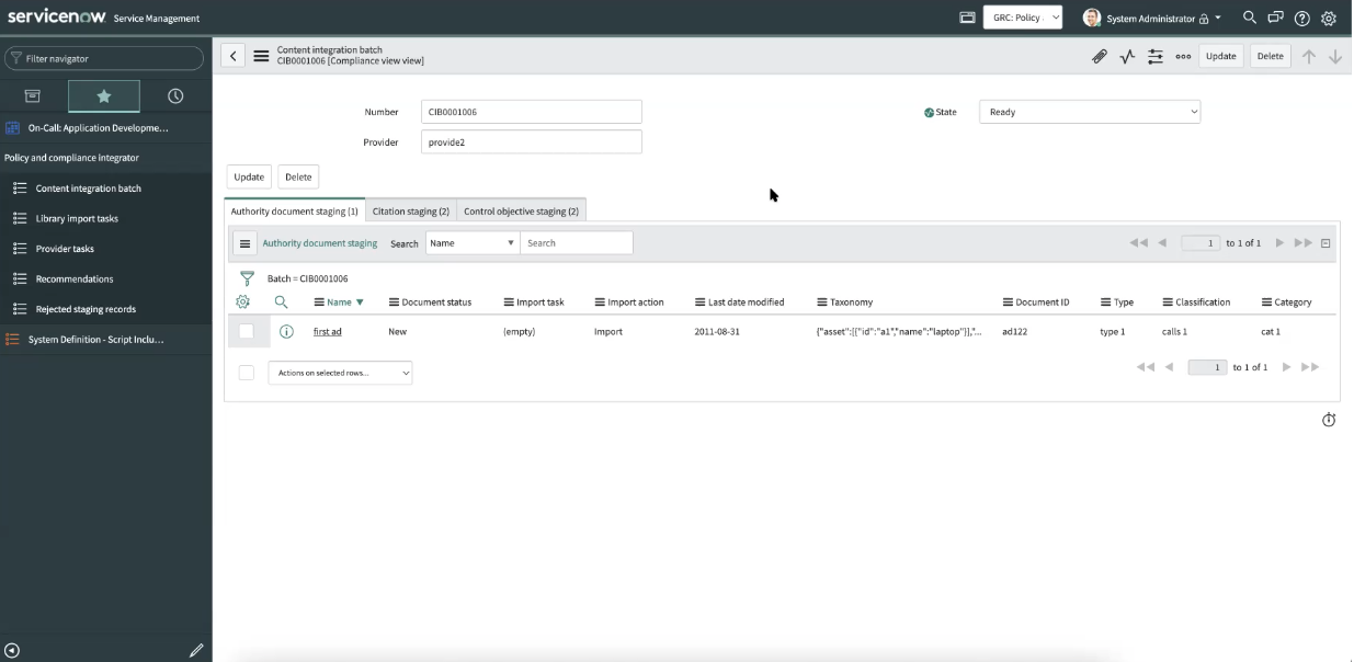 Batch status Ready in the content integration batch.