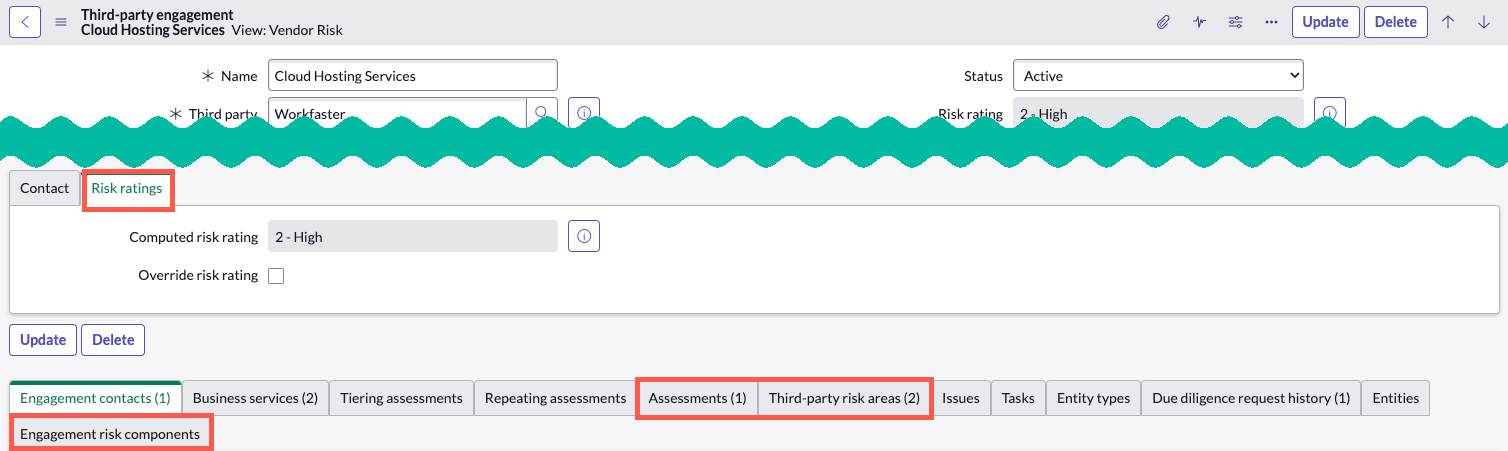 Risk ratings and associated background information for an engagement record.