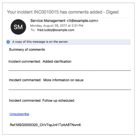 Email digest example that has a summary of incident comments