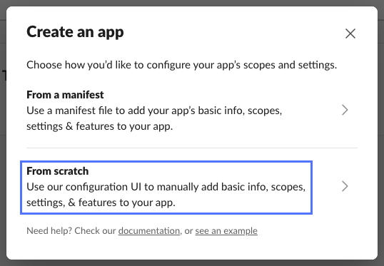 Create an app dialog box with From scratch option highlighted.