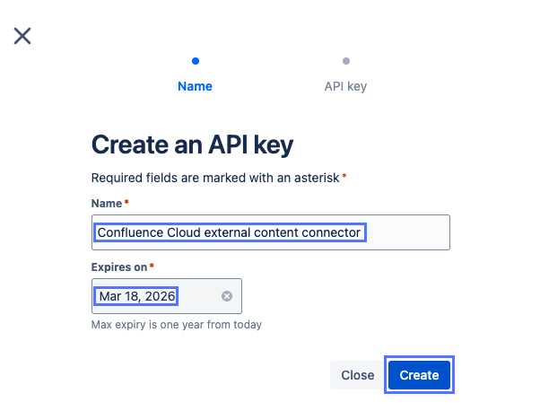 API key name field, expiration-date field, and Create button in Atlassian Administration console dialog box.