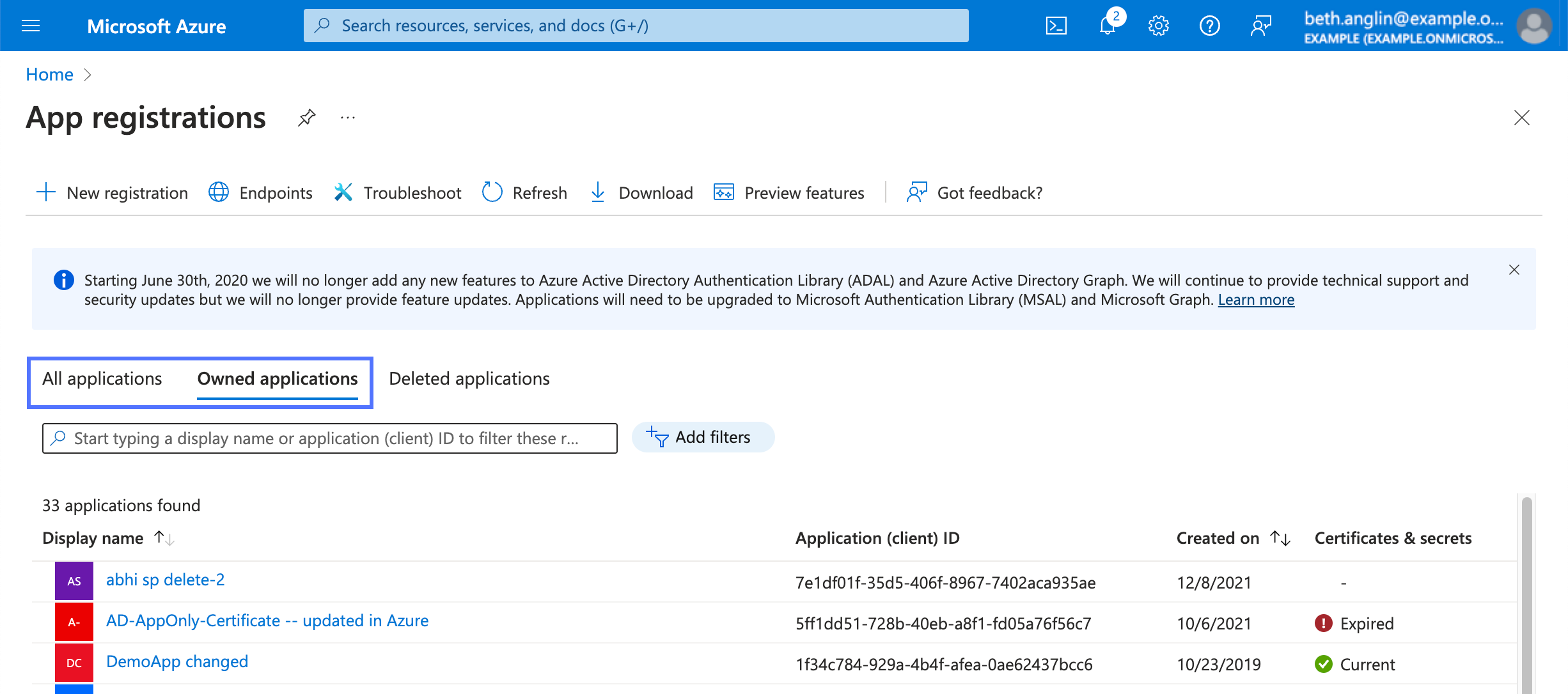 Microsoft Azure portal with All applications and Owned applications categories highlighted.