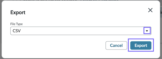 The Export modal window is open. The drop-down field for File Type displays CSV in this example. The Export button is highlighted.