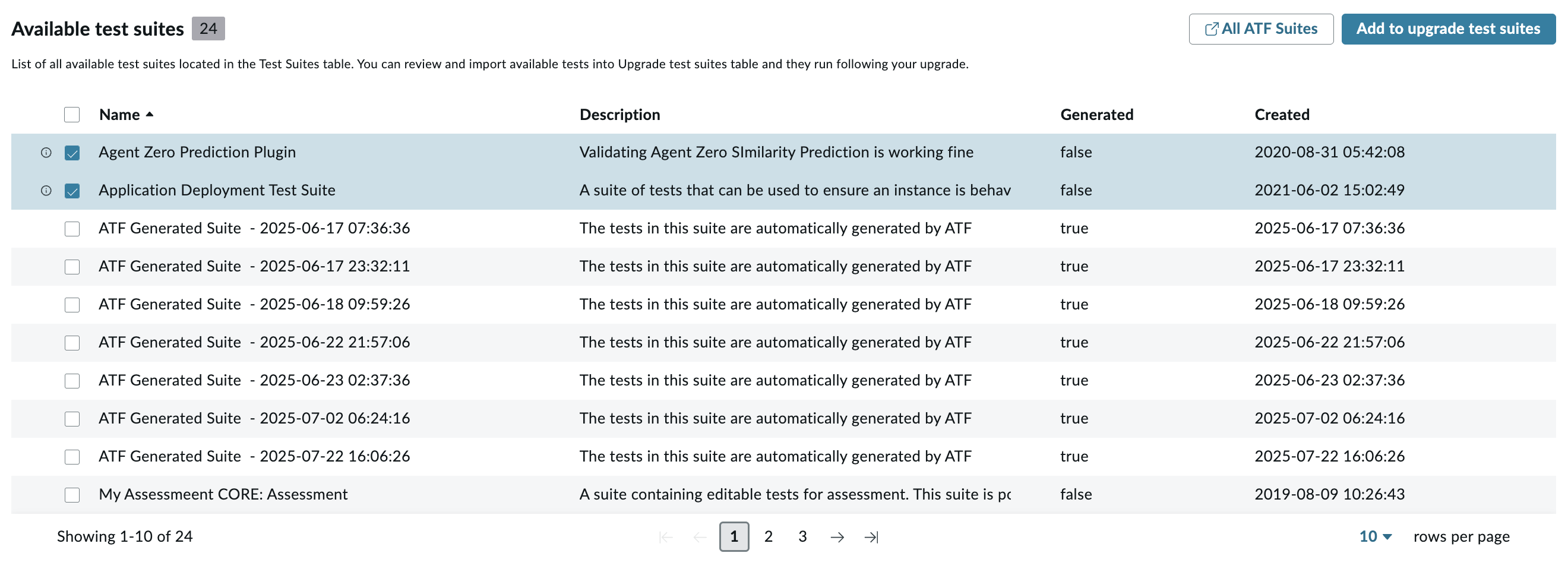 Screenshot showing the available test suites