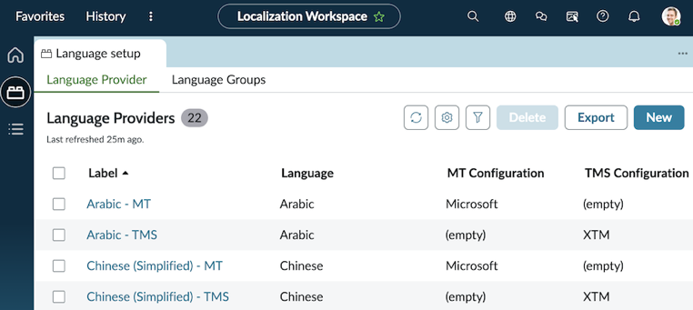 Language setup in Localization Workspace, opened to display the Language Providers list.