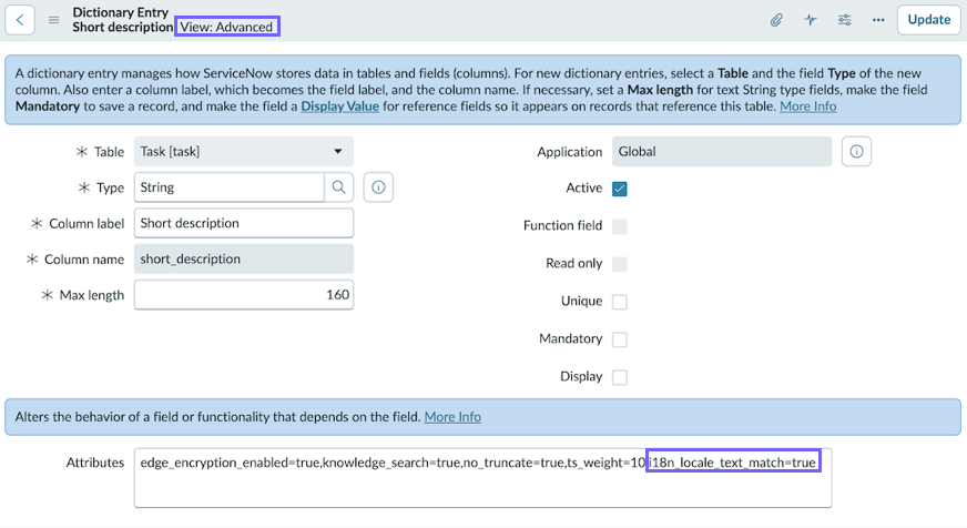 An example Dictionary Entry in Advanced view, showing the Short description column of the Task table. The Attributes field contains several values including i18n_locale_text_match=true.