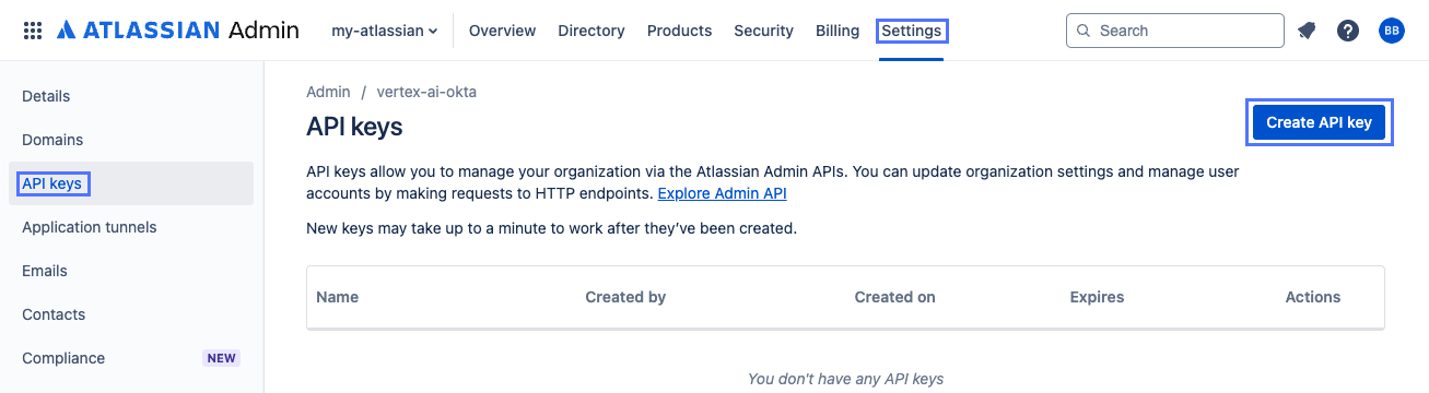Create API key button on API keys page of Atlassian Administration console Settings section.