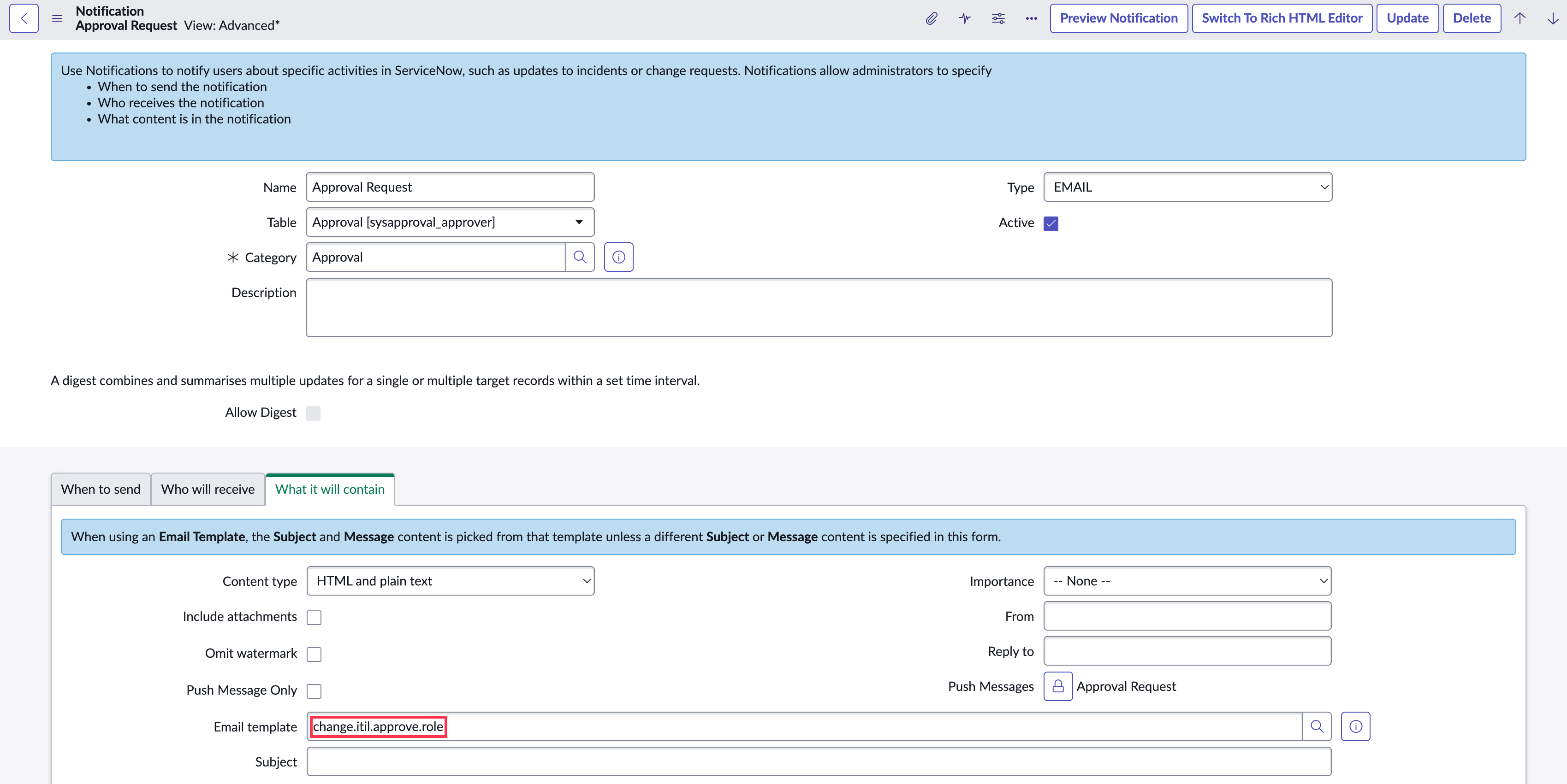 The Approval Request notification uses the change.itil.approve.role email template