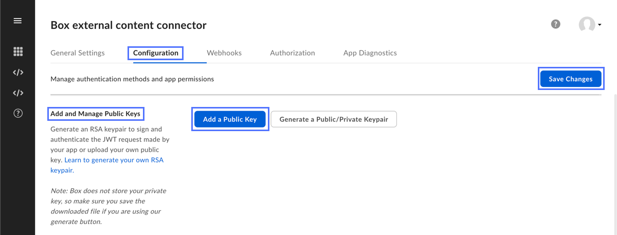 Add and Manage Public Keys configuration settings in Box developer console.