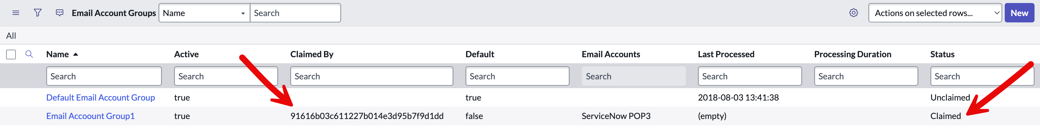 An email account group that was recently processed by the email reader job