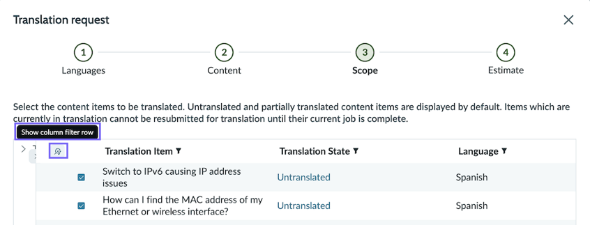 The Translation Request wizard at step 2, Scope. The Show column filter row toggle is highlighted.