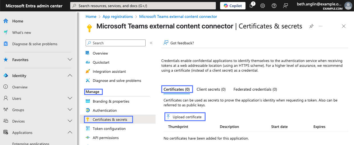 Application's Certificates & secrets page in Microsoft Entra admin center showing Upload certificate link.