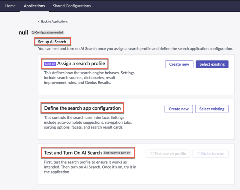 Search application configuration landing page where you can configure the AI Search settings in the search application.