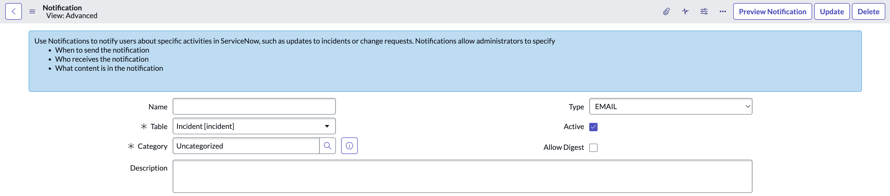 Messaging notification form showing Name, Table, Category, and Description fields