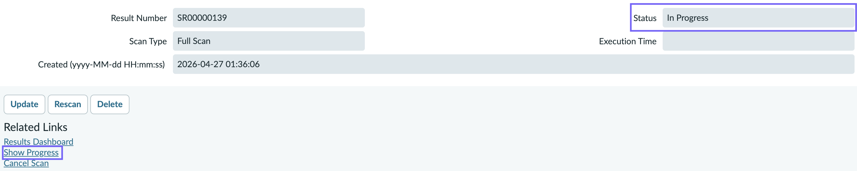 Screenshot showing Show Progress related link when the status is In Progress