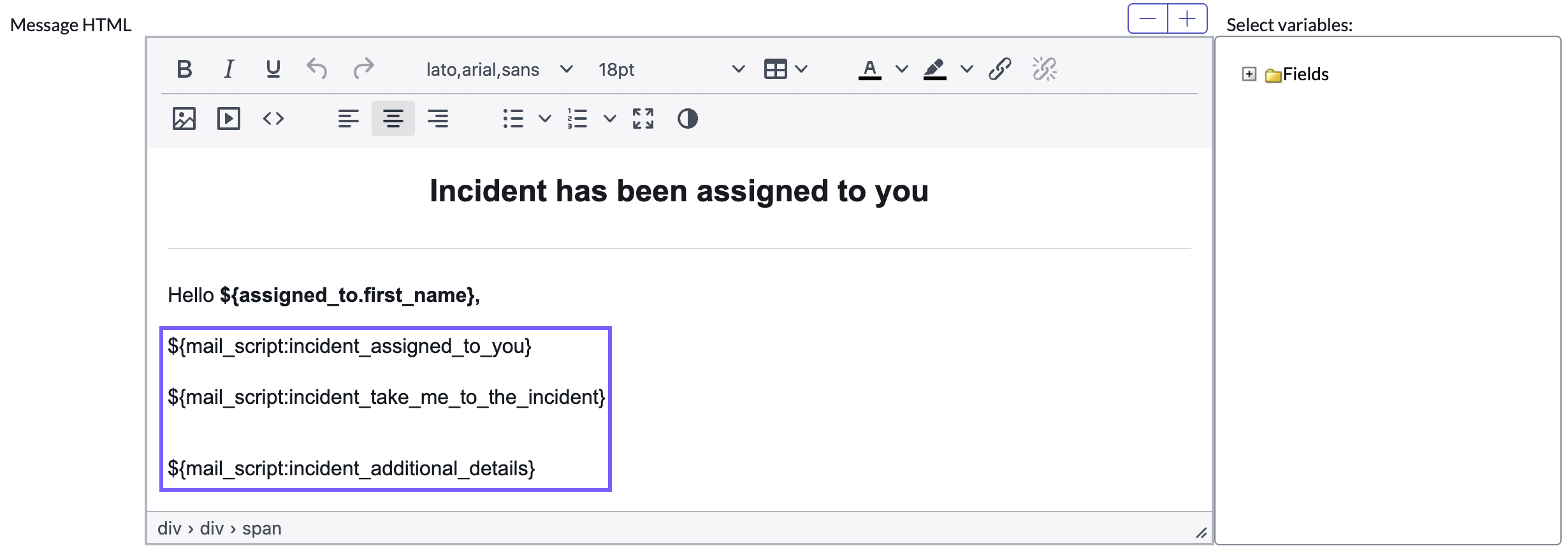 Message HTML field displaying mail script tags in an email notification