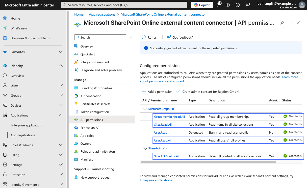 Application's API permissions list in Microsoft Entra admin center showing admin consent granted for added Microsoft Graph API permissions and Sites.FullControl.All SharePoint API permission.