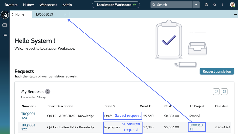The Home screen of Localization Workspace including the My Requests list displaying one saved translation request and one submitted request. A tab for a localization project is highlighted.