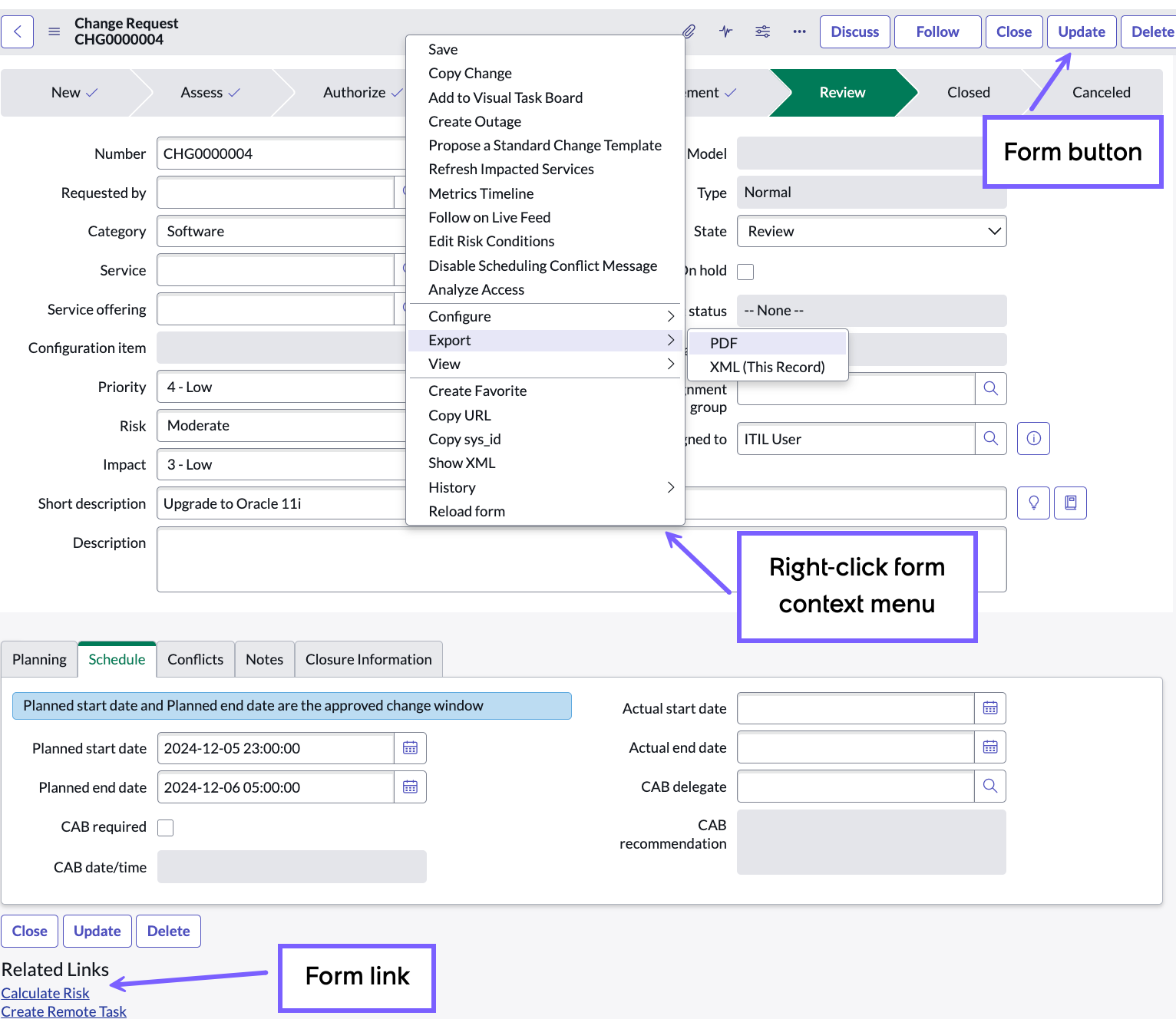 Form UI elements controlled by UI actions.