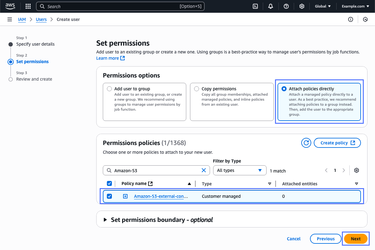 Set permissions page for new user in AWS Management Console IAM web service.