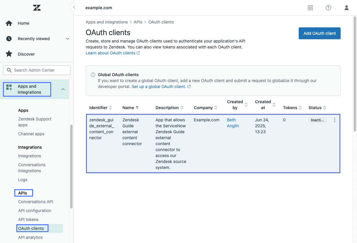OAuth clients page in Zendesk showing new OAuth 2.0 client application.