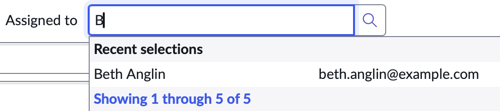 A partially-filled in reference field to the User table displaying a filtered list of users whose names begin with the letter B.