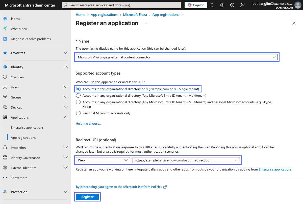 Register an application dialog box in Microsoft Entra admin center.