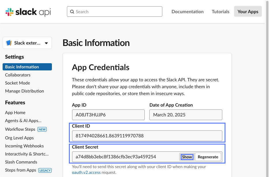 App Credentials section of Basic Information settings page with application client ID and client secret values highlighted.
