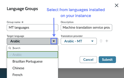 The Language Groups modal window with an available language selected in the drop-down menu.
