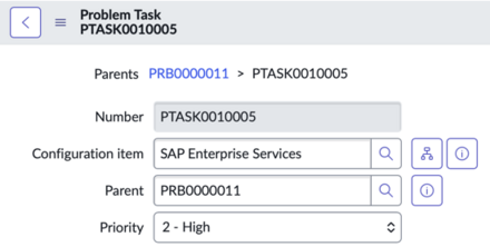 Problem Task showing breadcrumbs and the Parent reference field
