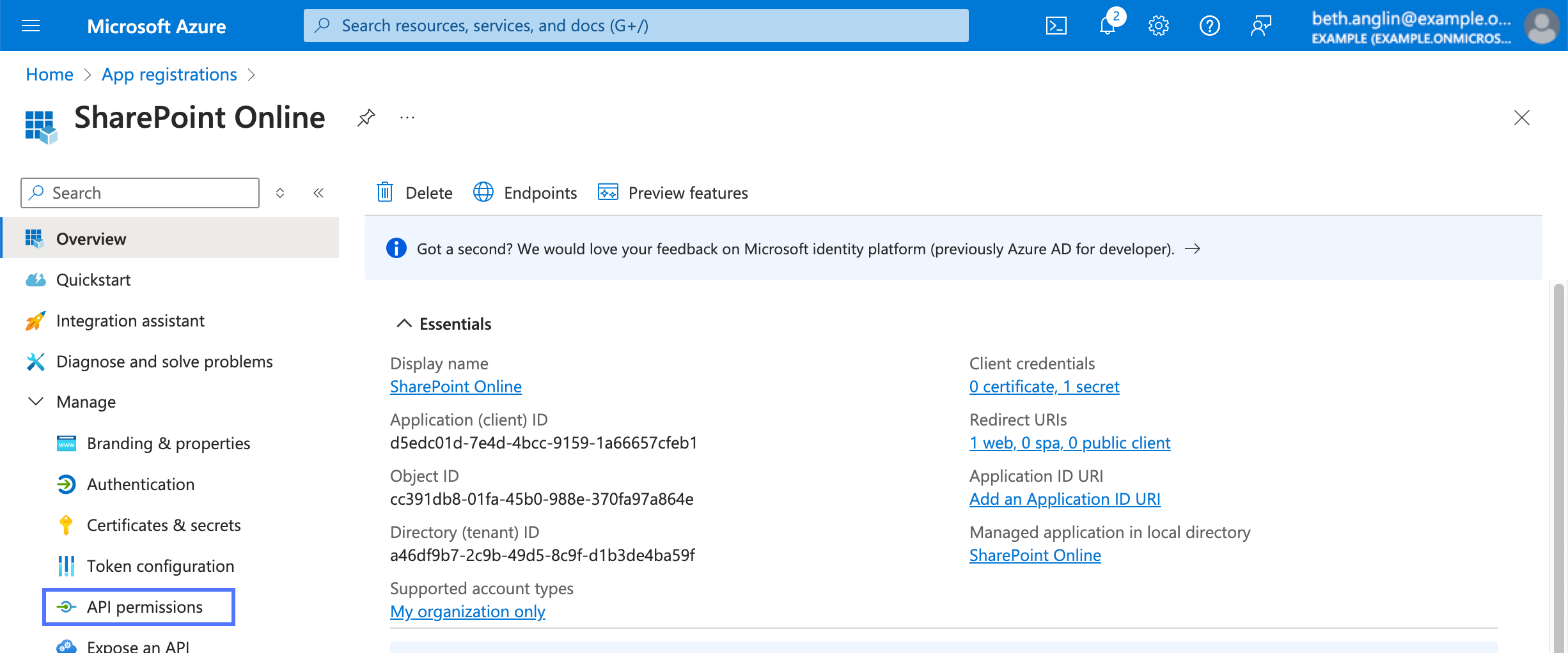 Microsoft Azure portal application page with API permissions menu item highlighted.
