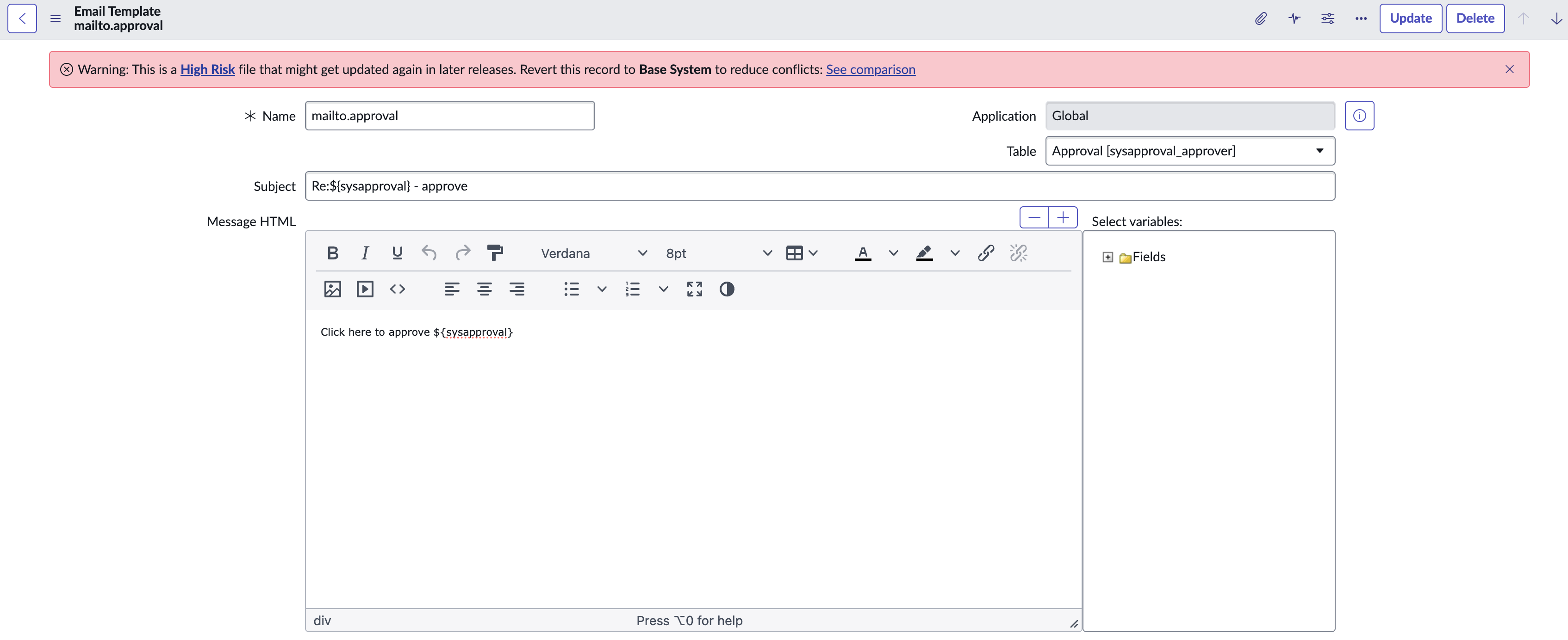 The mailto.approval template defines the approval notification link