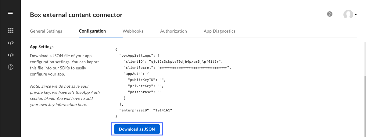 App Settings section in Box developer console.
