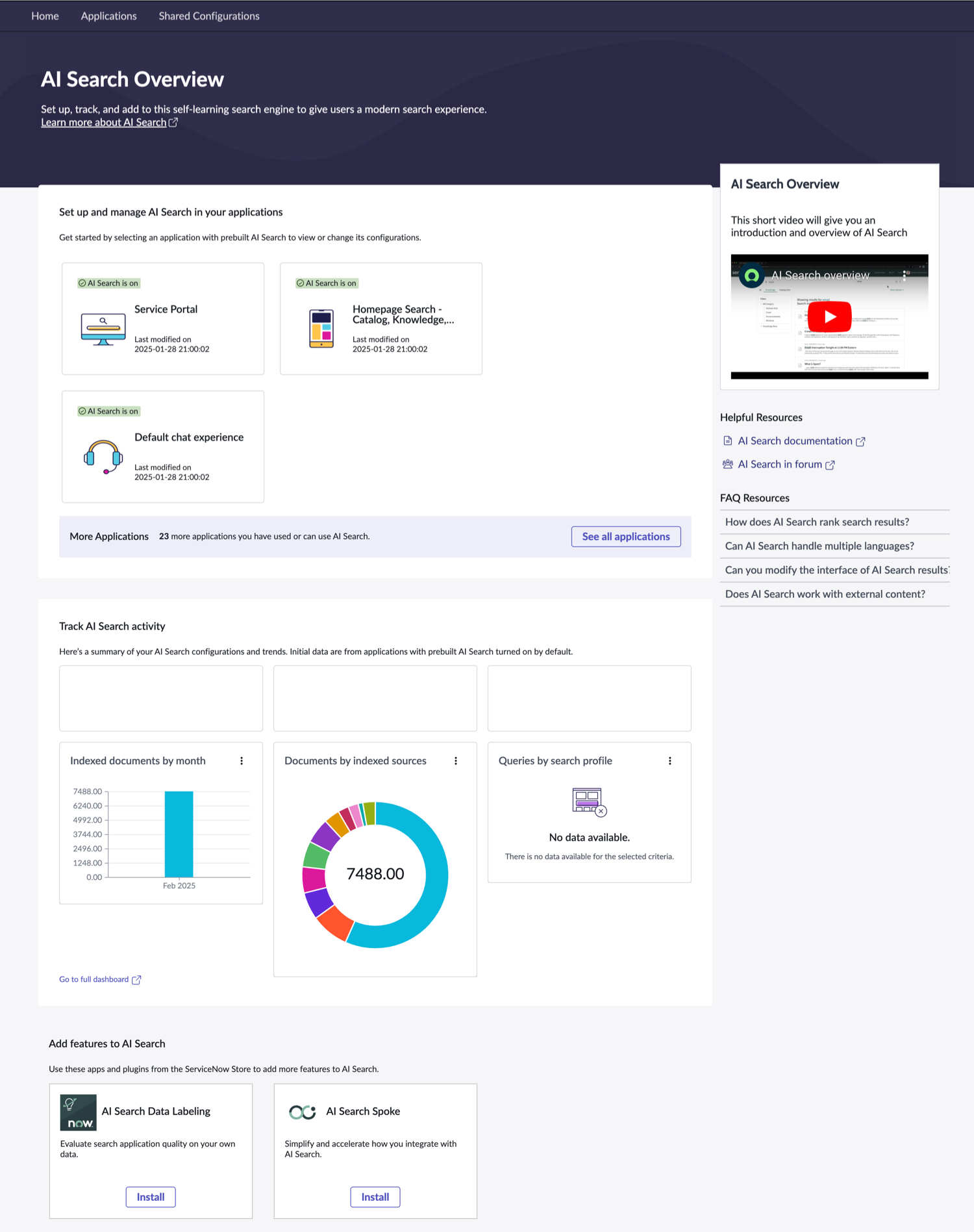 AI Search Admin console home page. For the text description, refer to the following text.