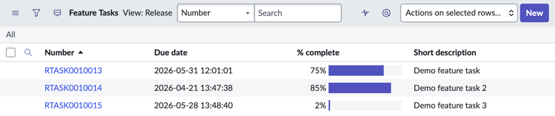 List view of the Feature Tasks [feature_task] table demonstrating progress bars in the % complete column.