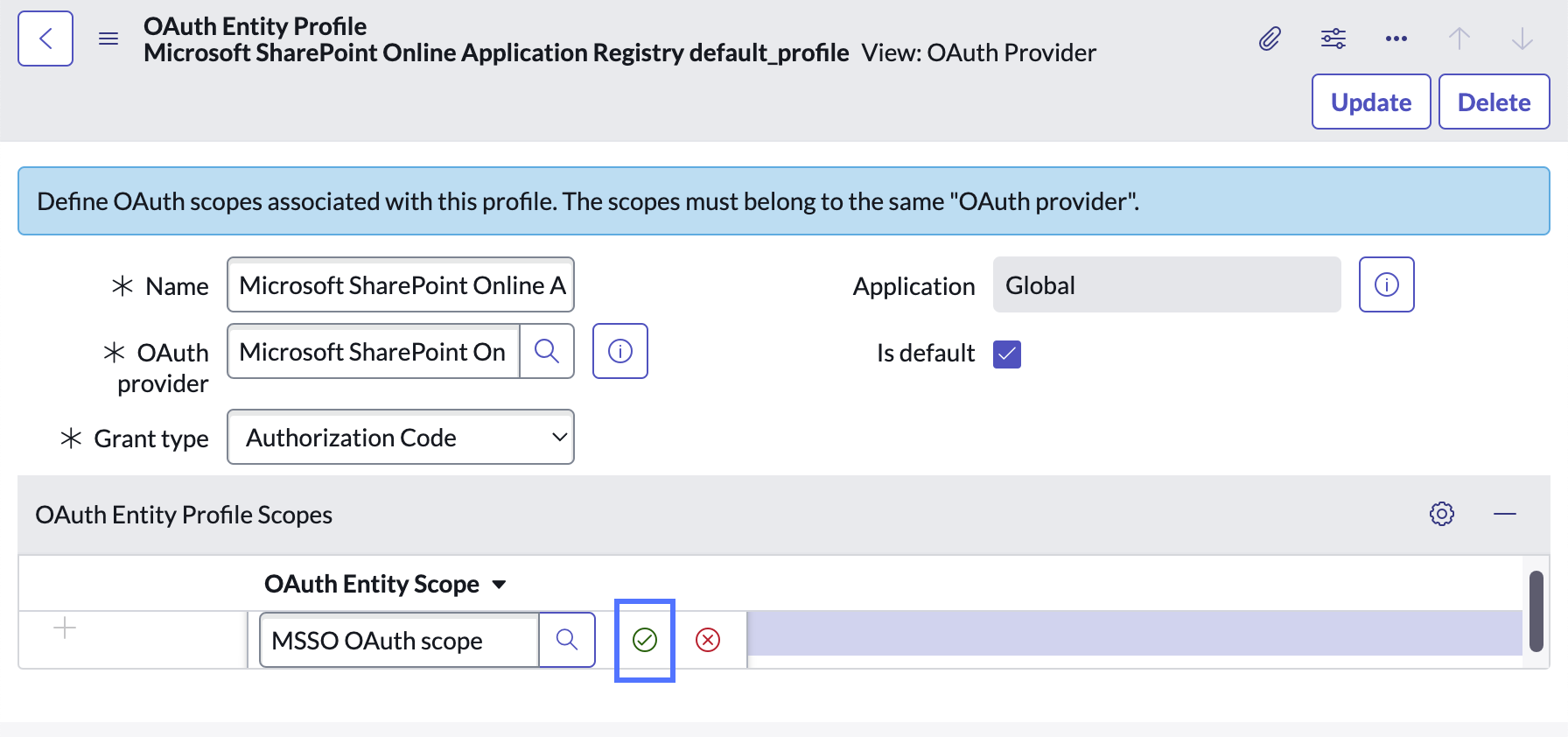 OAuth Entity Profile form with OAuth Entity Profile Scopes related list's Save (Enter) icon highlighted.