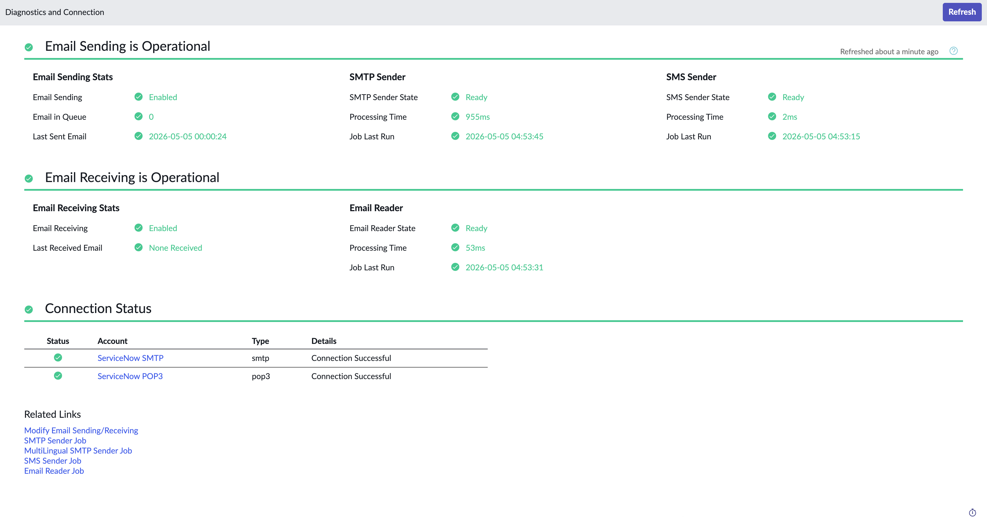 Diagnostics and Connection page that shows email sending and receiving as operational