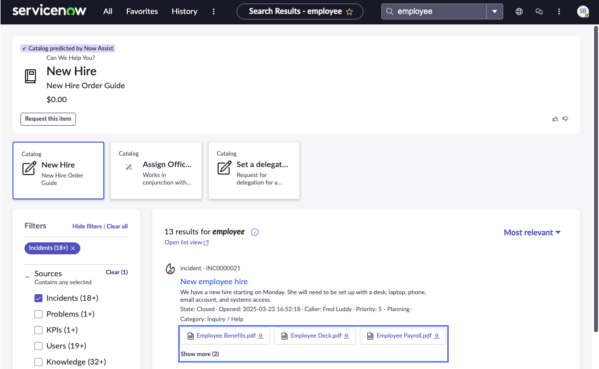 Search results page showing incident search result with three grouped attachment results and Show more link indicating that two additional grouped attachments are hidden.