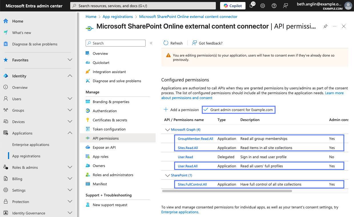 Application's API permissions list in Microsoft Entra admin center showing Microsoft Graph API permissions and Sites.FullControl.All SharePoint API permission added.