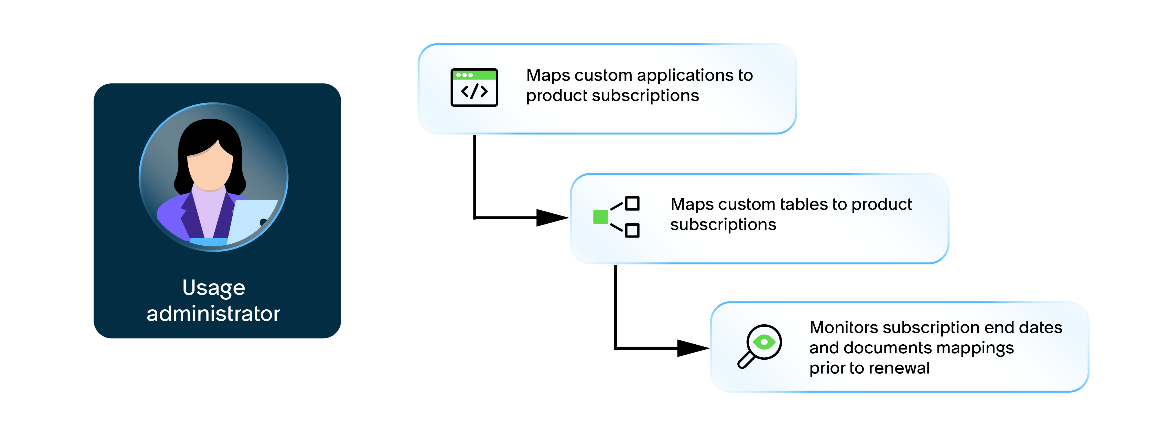 The usage administrator maps custom applications and custom tables to subscriptions, and monitors end dates prior to renewal.
