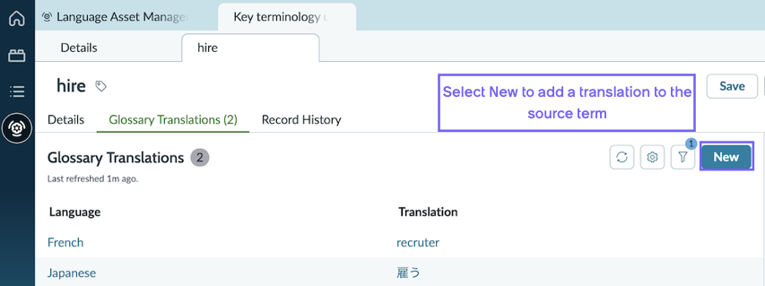 A source term's list of translations on the Glossary Translations tab. The New button, for adding a translation, is highlighted.