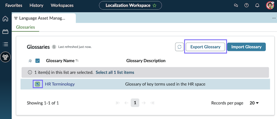 The Glossaries tab of Language Asset Management is open. The check box for an example glossary is selected, and the Export Glossary button is highlighted.