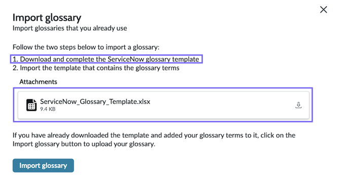 On the modal window titled Import glossary, the template download area is highlighted. The template filename is ServiceNow_Glossary_Template.xlsx