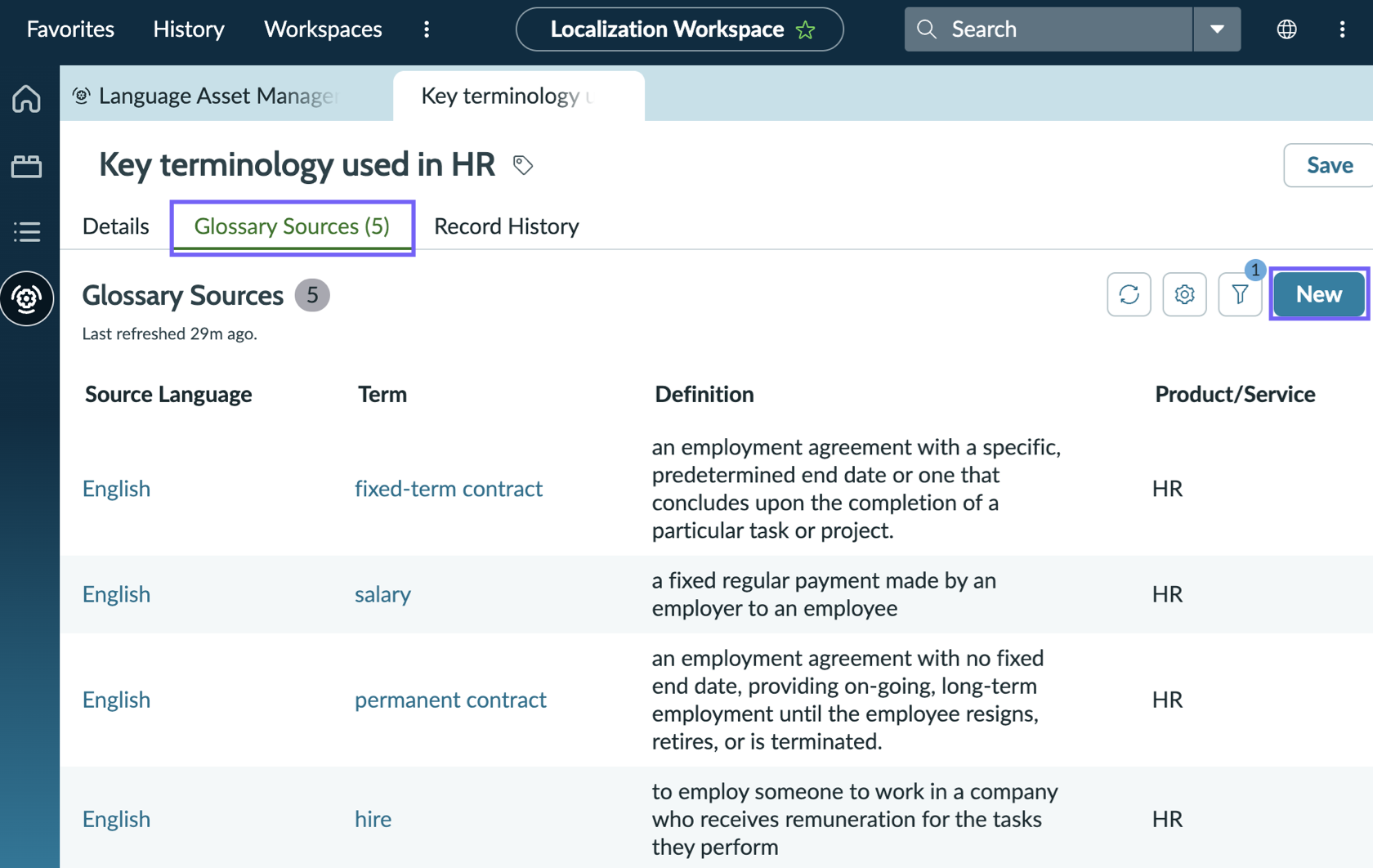 An example glossary opened to the Glossary Sources tab. The New button, for adding another source term to the current glossary, is highlighted.