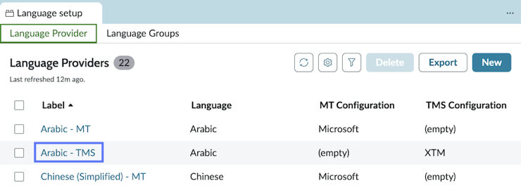 The list view of Localization Workspace's Language Providers table, highlighting the value in the Label column for an example row.