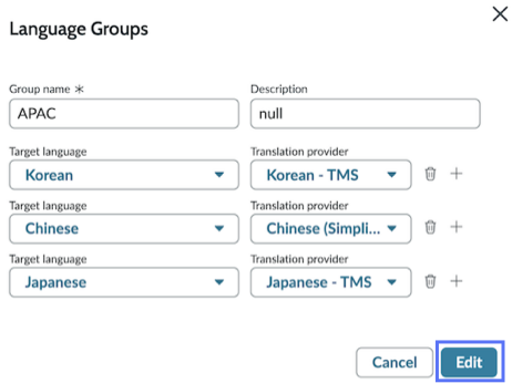 In the edit modal window of Language Groups, three language rows have add and delete icons along with drop-down lists. The Edit button is highlighted.